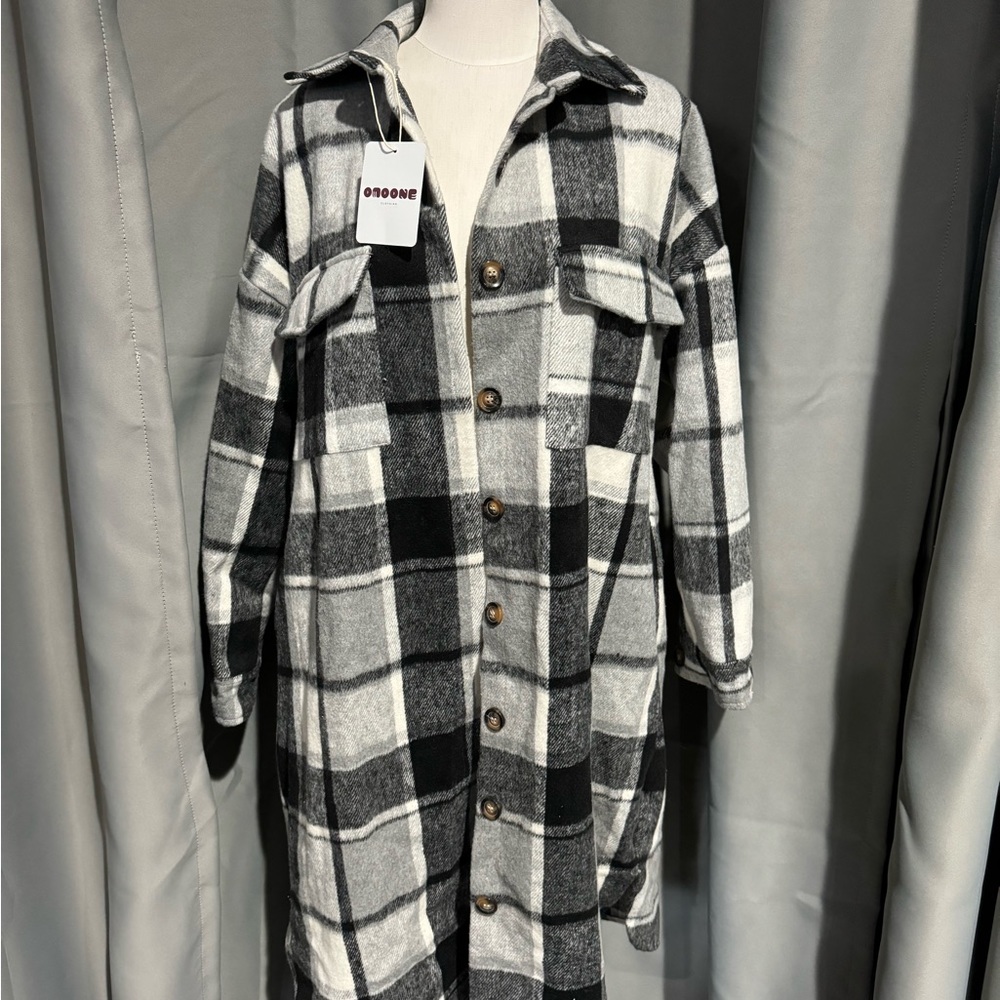 NWT Omoone Women’s Lounge Lapel Button Up Long Sleeve Plaid Shirt Jacket size M